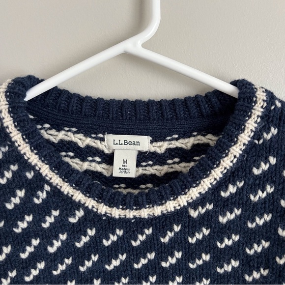 LL Bean Women’s Fisherman Sweater Navy Blue White Crew Neck Lambs Wool Medium - Picture 3 of 7